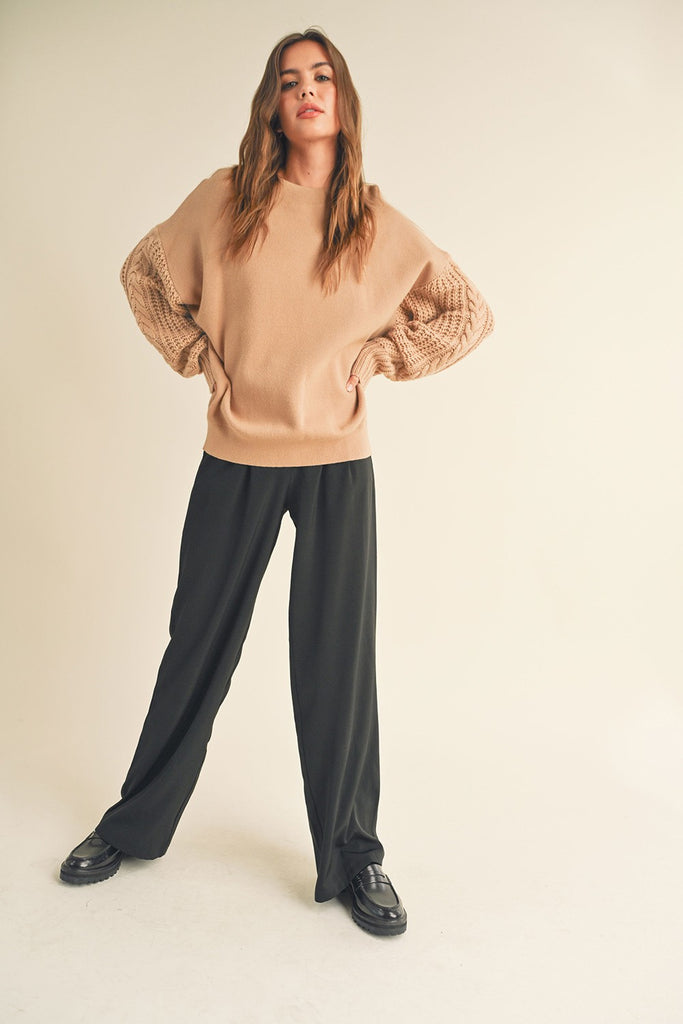 Tan Cable Knit Sleeve Sweater