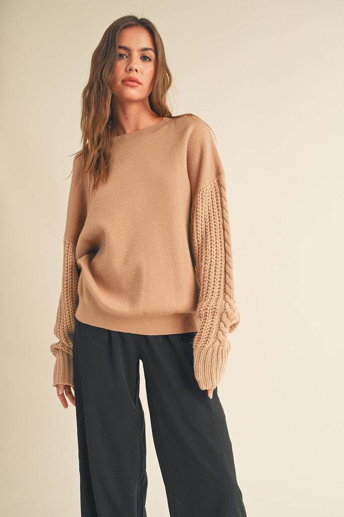 Tan Cable Knit Sleeve Sweater