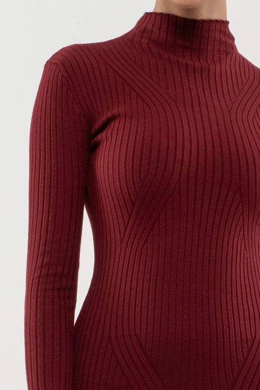 Wine Long Sleeve Rib Midi