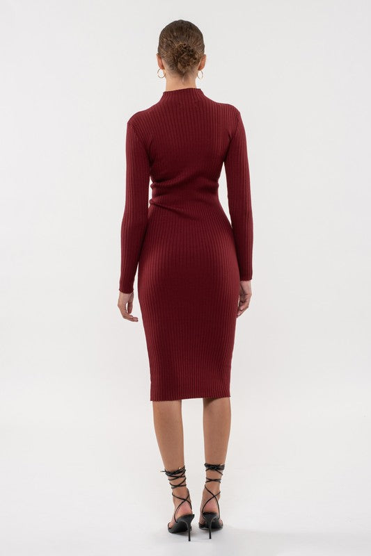 Wine Long Sleeve Rib Midi