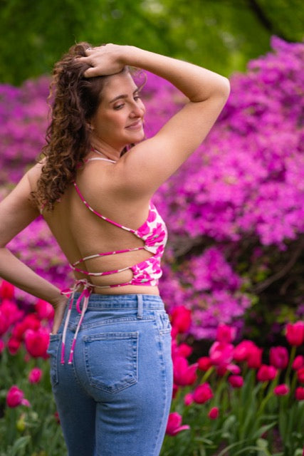 Hot Pink Floral Crop with Criss Cross Tie Back