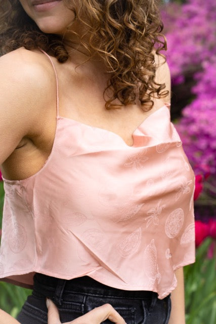 Cowl Neck Fruit Print Satin Cami