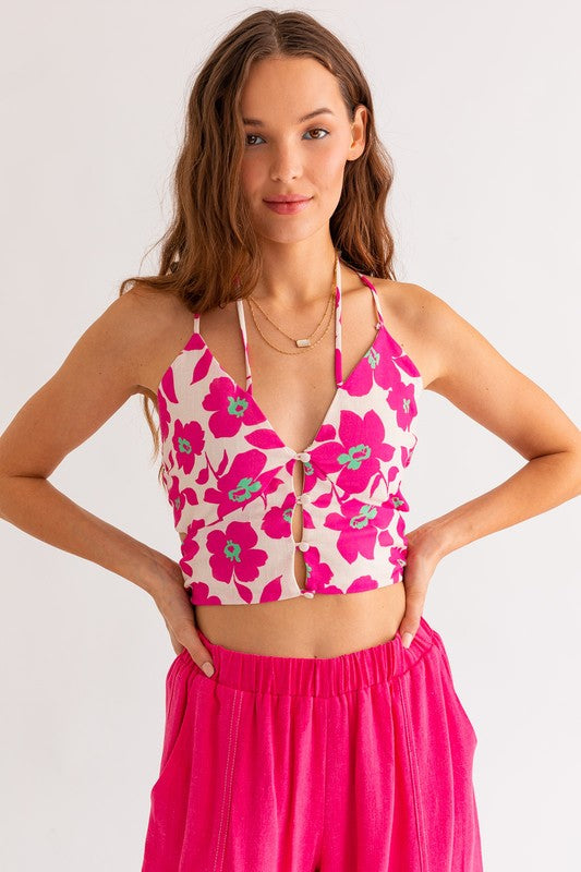 Hot Pink Floral Crop with Criss Cross Tie Back