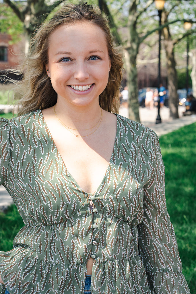 Green Ruffle Button Detail Top