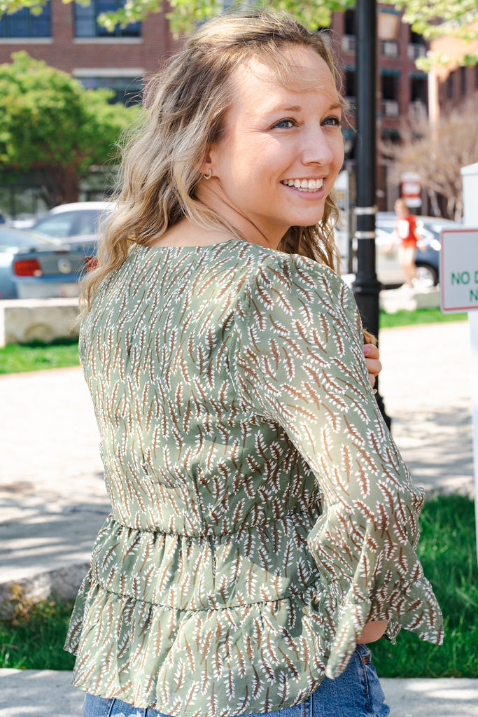 Green Ruffle Button Detail Top