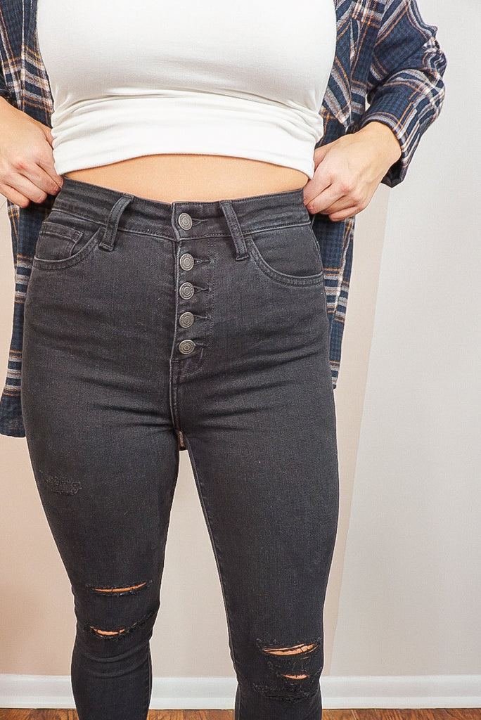 Super High-Rise Button Up Distressed Skinny