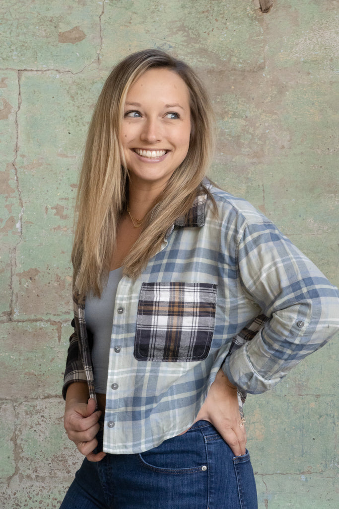 Split Blue Plaid Cropped Flannel