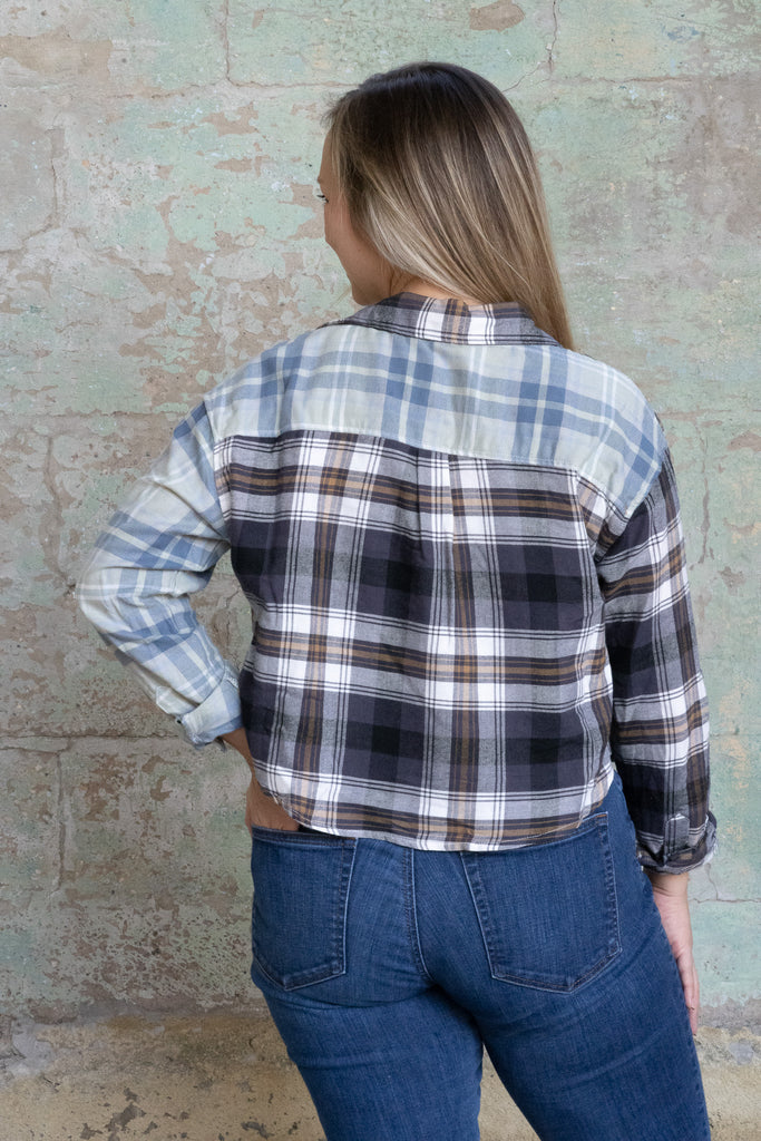 Split Blue Plaid Cropped Flannel