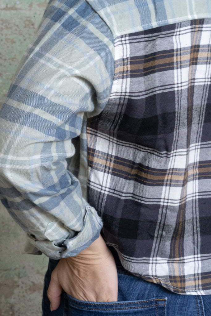 Split Blue Plaid Cropped Flannel