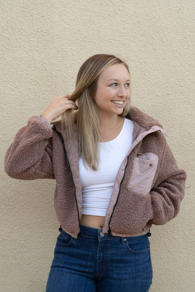 Mauve Cropped Teddy Bear Utility Jacket.