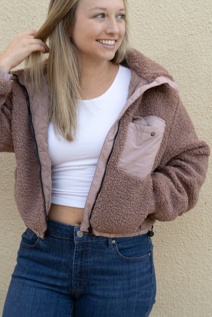Mauve Cropped Teddy Bear Utility Jacket.