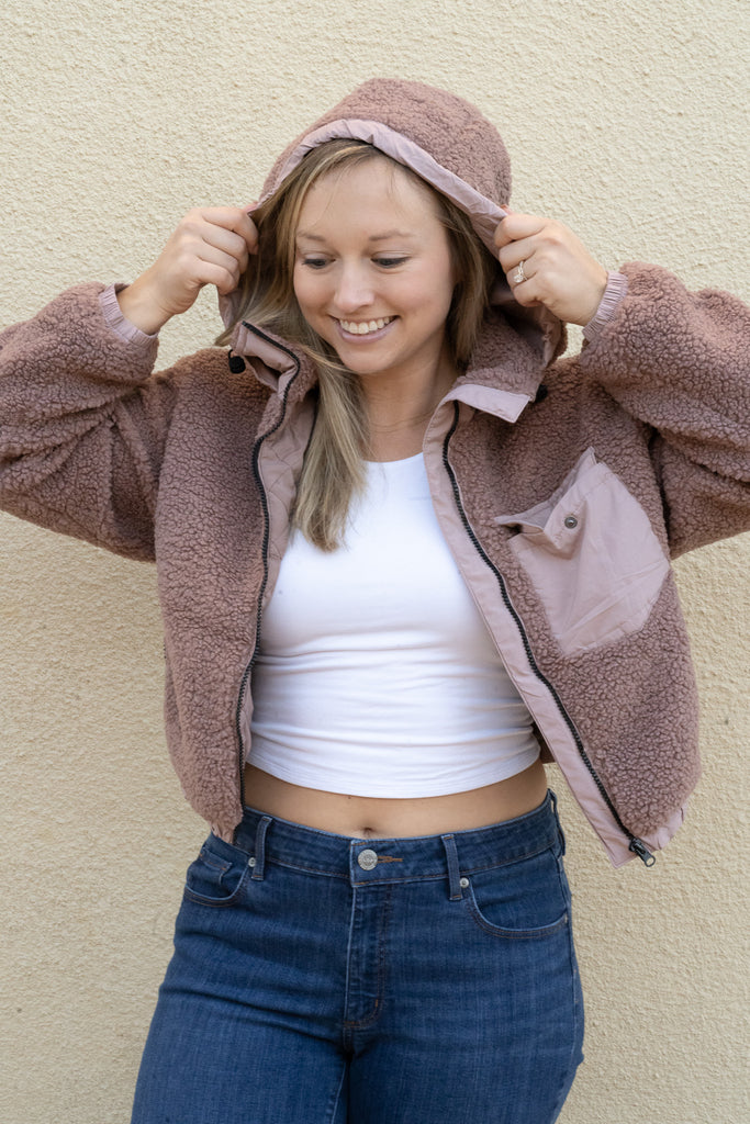 Mauve Cropped Teddy Bear Utility Jacket.